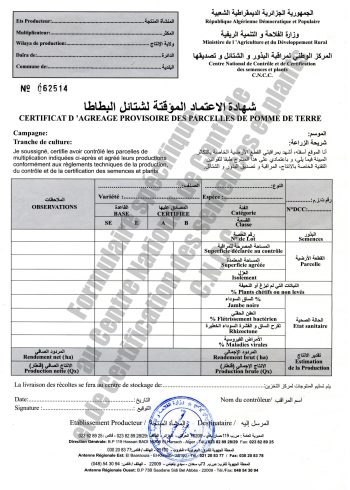 Certificat d'agreage provisoire des parcelles de pomme de terre