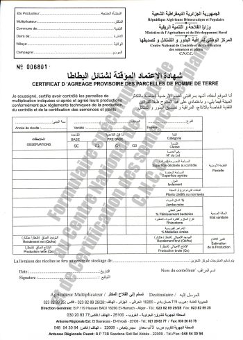 Certificat de refus de parcelle de production de semences de pomme de terre.G